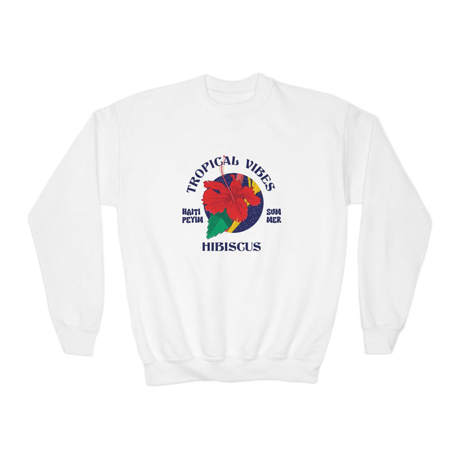 Tropical Vibes Youth Crewneck Sweatshirt Hibiscus Floral Design Kids Vacation Apparel Summer-Ready Pullover