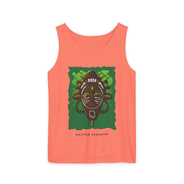Haitian Paradise Tank Top Afro Haitian Mask Graphic Shirt Unisex Summer Beachwear Cultural Festival Outfit Ancestral Inspired Apparel