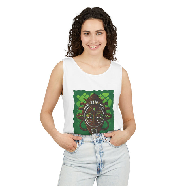 Haitian Paradise Tank Top Afro Haitian Mask Graphic Shirt Unisex Summer Beachwear Cultural Festival Outfit Ancestral Inspired Apparel