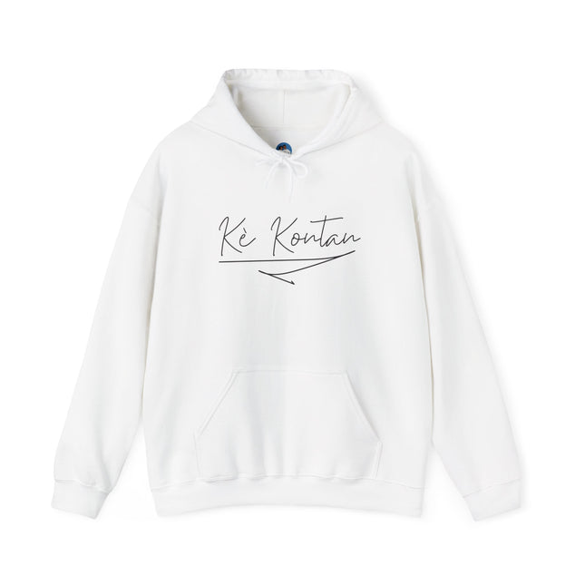 Kè Kontan – “Happy Heart” Minimalist Creole Script Hoodie | Haitian Joy Series | Unisex Heavy Blend Sweatshirt