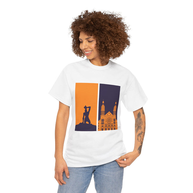 Reflections of Resistance Mirrored Negre Marron Cathedral T-Shirt Haitian Heritage Series Cityscape Unisex Heavy Cotton Tee