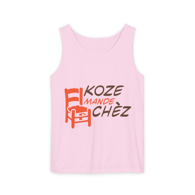 Koze Mandé Chèz Pastel Creole Gossip Tank Top Fun Haitian Saying Unisex Garment-Dyed Summer Shirt