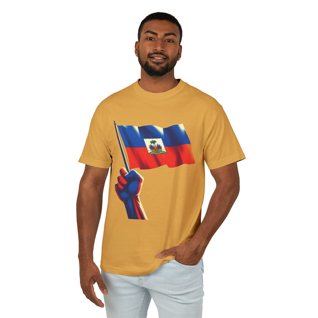 Raised in Resistance Haitian Flag Power Fist T-Shirt Heritage & Unity Series Unisex Heavyweight T-Shirt