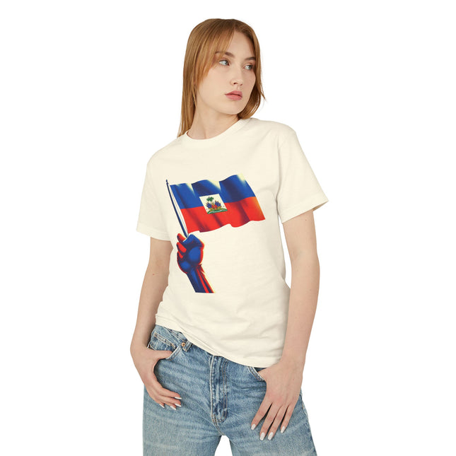 Raised in Resistance Haitian Flag Power Fist T-Shirt Heritage & Unity Series Unisex Heavyweight T-Shirt