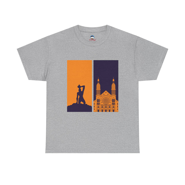 Reflections of Resistance Mirrored Negre Marron Cathedral T-Shirt Haitian Heritage Series Cityscape Unisex Heavy Cotton Tee