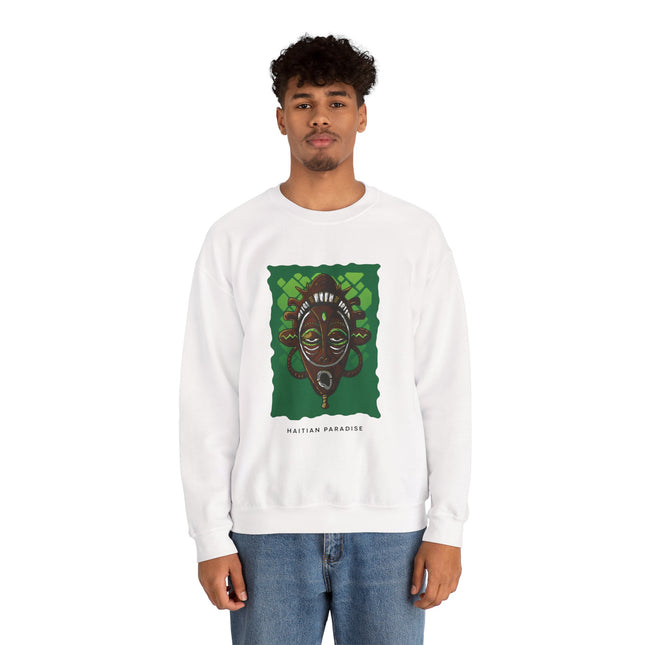 The Ancestral Guardian Afro-Haitian & Taino Mask Sweatshirt Cultural Heritage Series Haitian Paradise Crewneck Sweatshirt