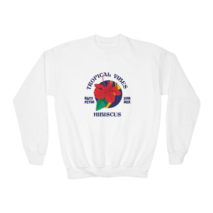 Tropical Vibes Youth Crewneck Sweatshirt Hibiscus Floral Design Kids Vacation Apparel Summer-Ready Pullover