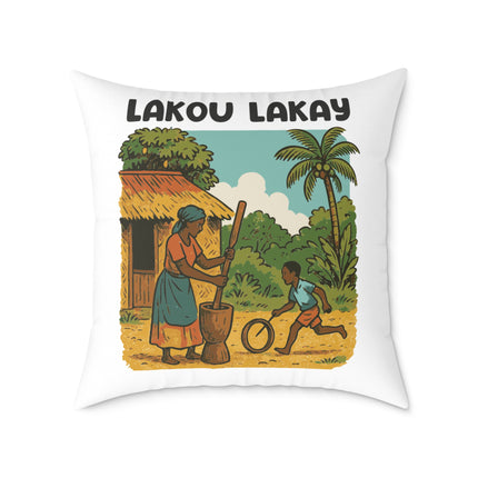 Lakou Lakay Illustrated Luxury Pillow Haitian Courtyard Memory Scene Creole Village Art - CreoleSizzle
