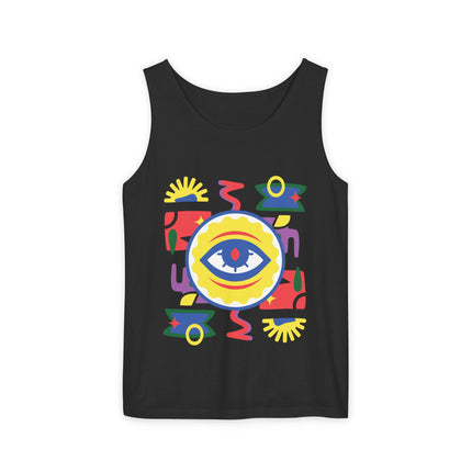Colorful Eye Graphic Tank Top Unisex Boho Festival Shirt Spiritual Protection Design Afro-Haitian Inspired