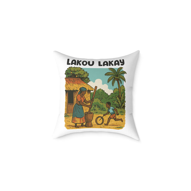 Lakou Lakay Illustrated Luxury Pillow Haitian Courtyard Memory Scene Creole Village Art - CreoleSizzle