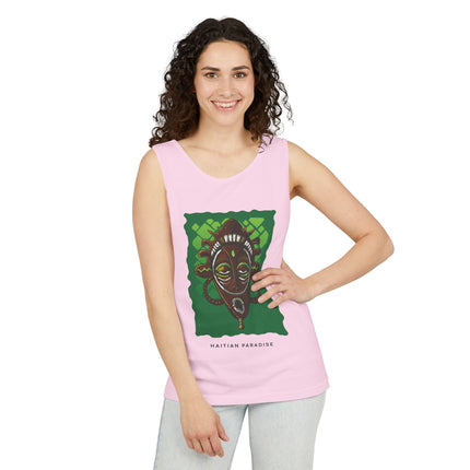 Haitian Paradise Tank Top Afro Haitian Mask Graphic Shirt Unisex Summer Beachwear Cultural Festival Outfit Ancestral Inspired Apparel