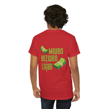 Mwen Bezwen Lajan Hustler’s Creed T-Shirt Haitian Wit Series Perfect for Casual Outings, Unisex Heavy Cotton Tee Haitian Street Vibes Graphic on Back