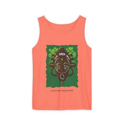 Haitian Paradise Tank Top Afro Haitian Mask Graphic Shirt Unisex Summer Beachwear Cultural Festival Outfit Ancestral Inspired Apparel
