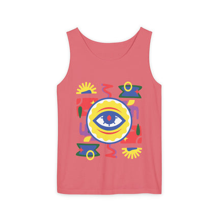 Colorful Eye Graphic Tank Top Unisex Boho Festival Shirt Spiritual Protection Design Afro-Haitian Inspired