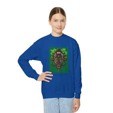 Afro-Haitian Guardian Youth Crewneck Sweatshirt Vibrant Cultural Mask Design Cozy Kids Pullover Heritage-Inspired Gift Casual Everyday Wear