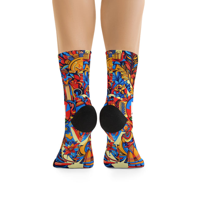 Haiti Flag Recycled Poly Socks - Vibrant Haitian Cultural Design - Eco-Friendly Crew Socks - CreoleSizzle