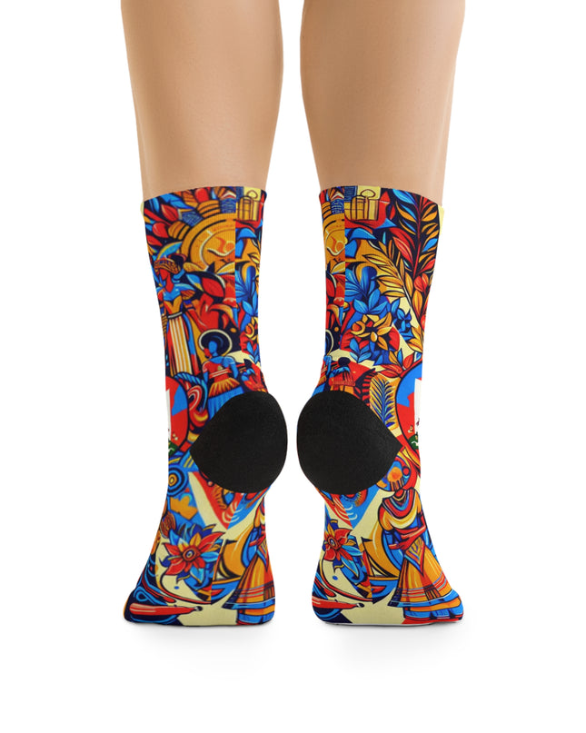 Haiti Flag Recycled Poly Socks - Vibrant Haitian Cultural Design - Eco-Friendly Crew Socks - CreoleSizzle