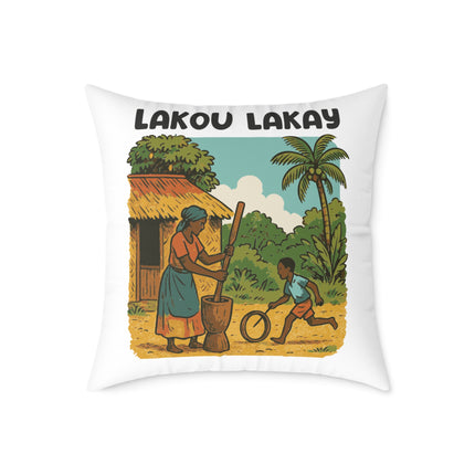 Lakou Lakay Illustrated Luxury Pillow Haitian Courtyard Memory Scene Creole Village Art - CreoleSizzle