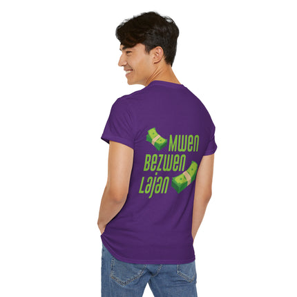 Mwen Bezwen Lajan Hustler’s Creed T-Shirt Haitian Wit Series Perfect for Casual Outings, Unisex Heavy Cotton Tee Haitian Street Vibes Graphic on Back