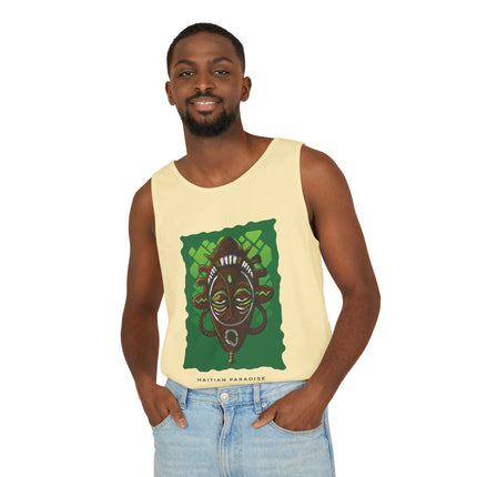 Haitian Paradise Tank Top Afro Haitian Mask Graphic Shirt Unisex Summer Beachwear Cultural Festival Outfit Ancestral Inspired Apparel