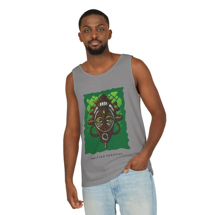 Haitian Paradise Tank Top Afro Haitian Mask Graphic Shirt Unisex Summer Beachwear Cultural Festival Outfit Ancestral Inspired Apparel