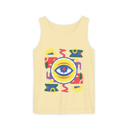 Colorful Eye Graphic Tank Top Unisex Boho Festival Shirt Spiritual Protection Design Afro-Haitian Inspired