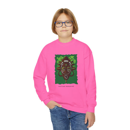 Afro-Haitian Guardian Youth Crewneck Sweatshirt Vibrant Cultural Mask Design Cozy Kids Pullover Heritage-Inspired Gift Casual Everyday Wear