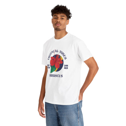Tropical Vibes T-Shirt Caribbean Hibiscus Graphic Unisex Coastal Pullover Summer & Resort Wear Tropical Vibes Tee