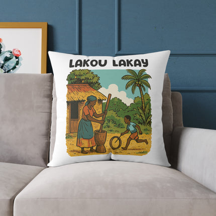 Lakou Lakay Illustrated Luxury Pillow Haitian Courtyard Memory Scene Creole Village Art - CreoleSizzle