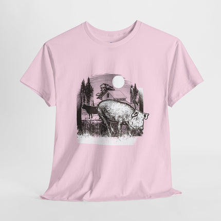 Rustic black and white farm illustration Pig, cow, barn, trees, grass, and moonlit countryside setting Vintage engraved art style with strong detail Connects to food culture, land, survival, and...