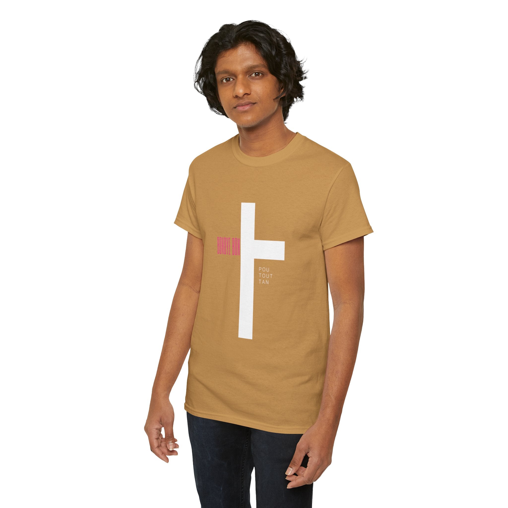 Bondye Bon Pou Toutan T-Shirt - Christian Haitian Faith Tee - Inspirational Gospel Apparel with Cross Graphic Unisex Heavy Cotton Tee