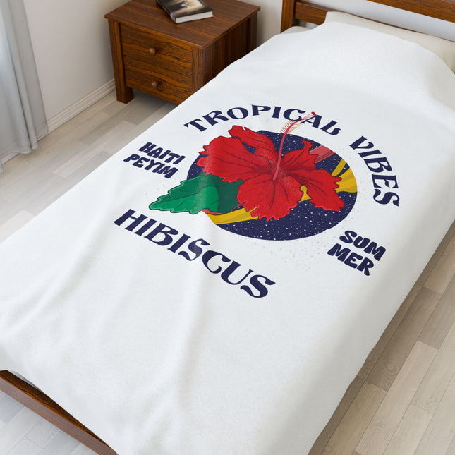 Tropical Vibes Hibiscus Premium Plush Blanket Caribbean Summer Haitian Coastal Spirit - CreoleSizzle