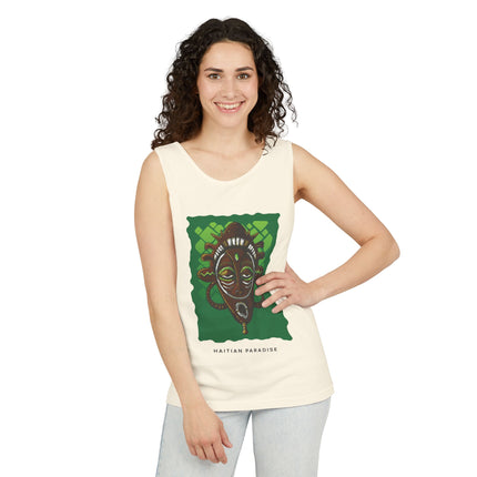 Haitian Paradise Tank Top Afro Haitian Mask Graphic Shirt Unisex Summer Beachwear Cultural Festival Outfit Ancestral Inspired Apparel