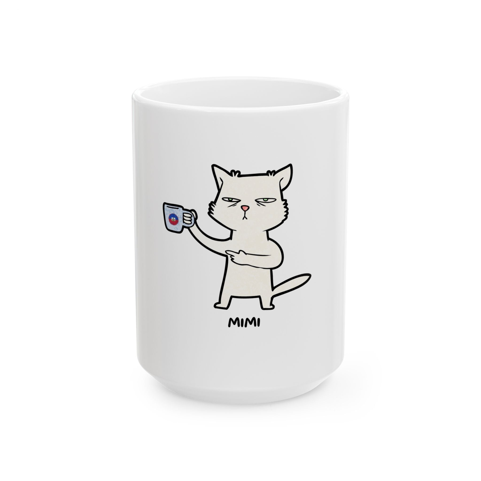 Mimi the Cat Mug - Haitian Coffee Lover Ceramic Cup - Funny Creole Design for Tea & Café Fans Ceramic Mug, (11oz, 15oz)