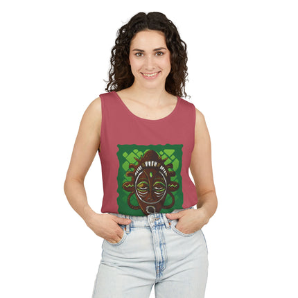 Haitian Paradise Tank Top Afro Haitian Mask Graphic Shirt Unisex Summer Beachwear Cultural Festival Outfit Ancestral Inspired Apparel