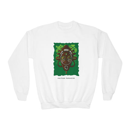 Afro-Haitian Guardian Youth Crewneck Sweatshirt Vibrant Cultural Mask Design Cozy Kids Pullover Heritage-Inspired Gift Casual Everyday Wear