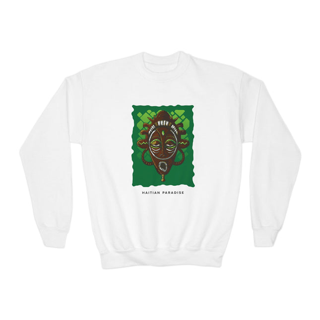 Afro-Haitian Guardian Youth Crewneck Sweatshirt Vibrant Cultural Mask Design Cozy Kids Pullover Heritage-Inspired Gift Casual Everyday Wear