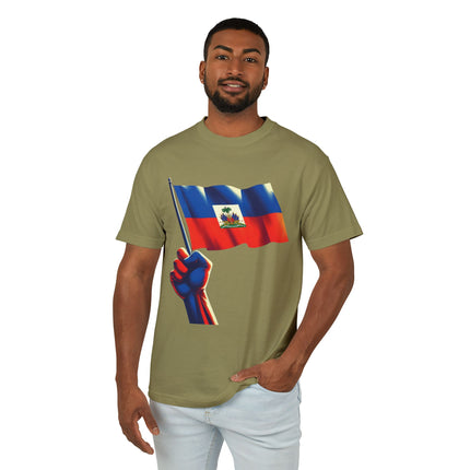 Raised in Resistance Haitian Flag Power Fist T-Shirt Heritage & Unity Series Unisex Heavyweight T-Shirt