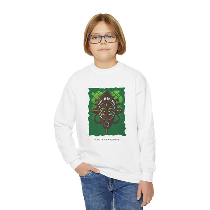Afro-Haitian Guardian Youth Crewneck Sweatshirt Vibrant Cultural Mask Design Cozy Kids Pullover Heritage-Inspired Gift Casual Everyday Wear