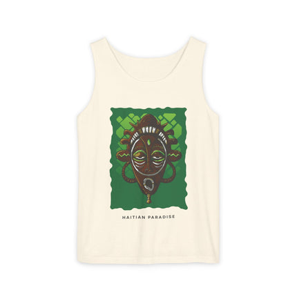 Haitian Paradise Tank Top Afro Haitian Mask Graphic Shirt Unisex Summer Beachwear Cultural Festival Outfit Ancestral Inspired Apparel