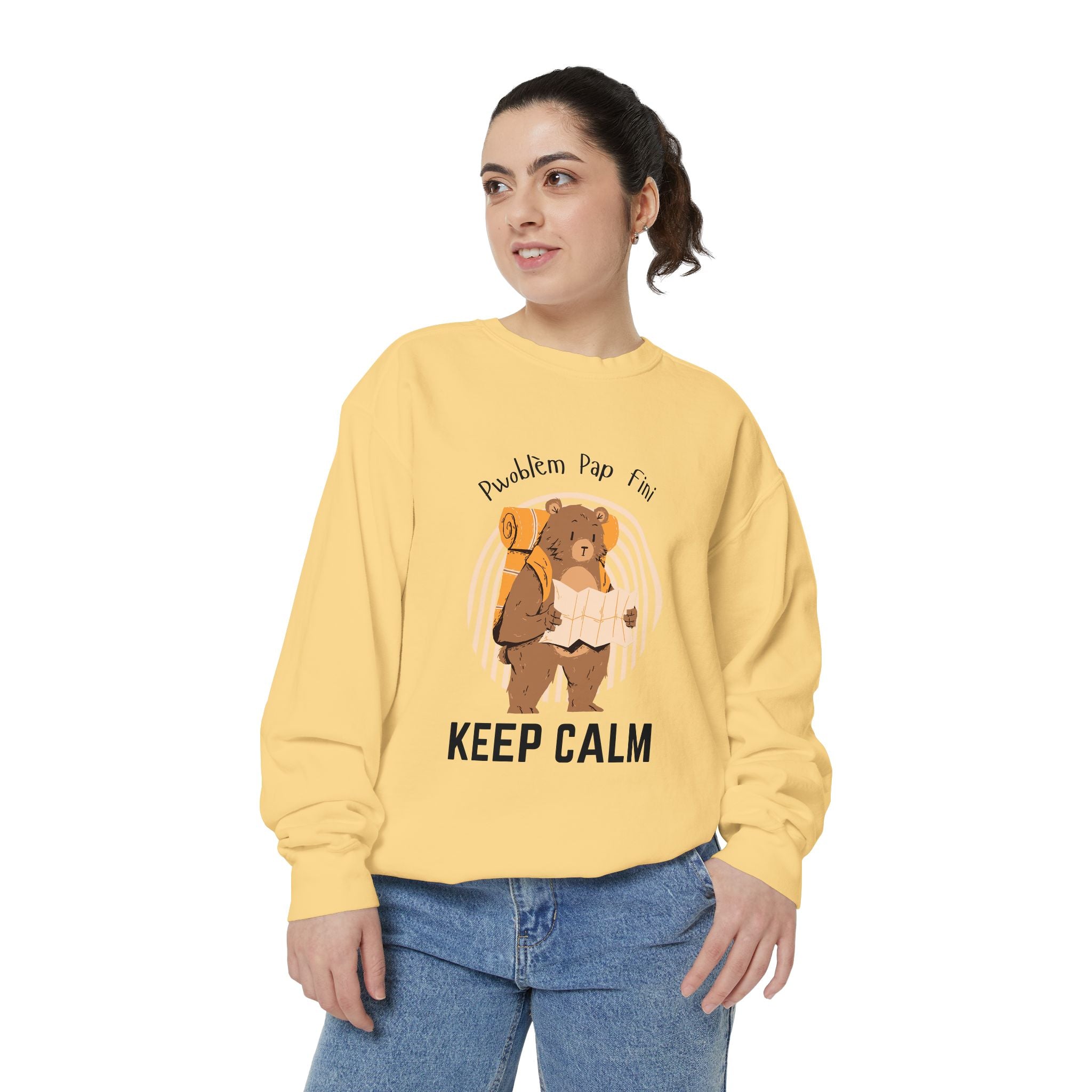 Pwoblem Pap Fini Keep Calm Sweatshirt – Haitian Creole Inspirational Sweater – Unisex Relaxed Fit Fleece