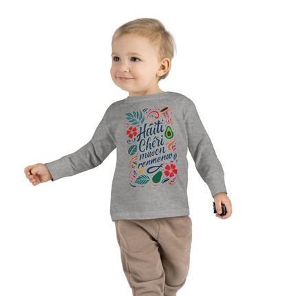 Haiti Chéri Mwen Renmenw Toddler Tee Tropical Floral Long Sleeve Haitian Pride Kids Shirt Spring & Everyday Wear
