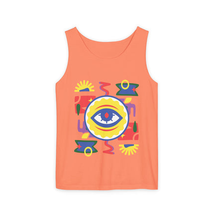 Colorful Eye Graphic Tank Top Unisex Boho Festival Shirt Spiritual Protection Design Afro-Haitian Inspired