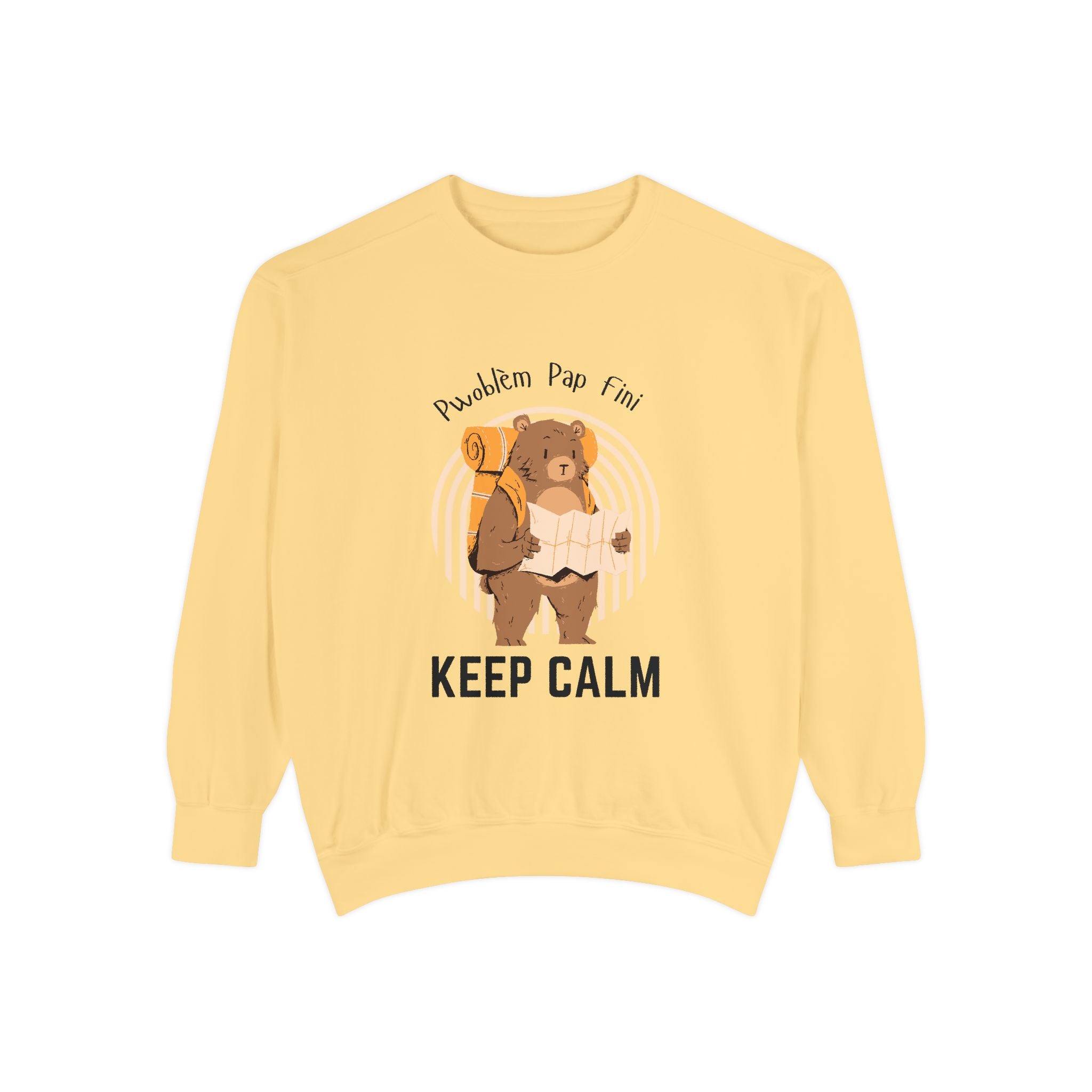 Pwoblem Pap Fini Keep Calm Sweatshirt – Haitian Creole Inspirational Sweater – Unisex Relaxed Fit Fleece