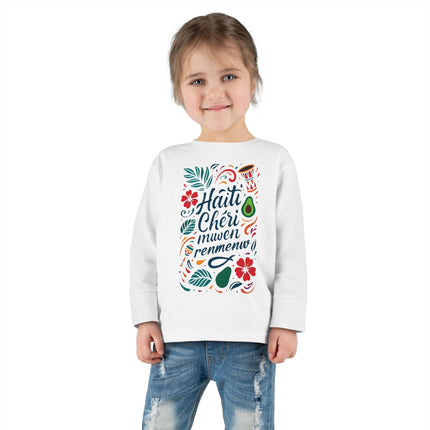 Haiti Chéri Mwen Renmenw Toddler Tee Tropical Floral Long Sleeve Haitian Pride Kids Shirt Spring & Everyday Wear