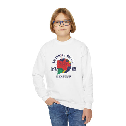 Tropical Vibes Youth Crewneck Sweatshirt Hibiscus Floral Design Kids Vacation Apparel Summer-Ready Pullover