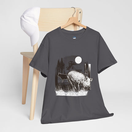 Rustic black and white farm illustration Pig, cow, barn, trees, grass, and moonlit countryside setting Vintage engraved art style with strong detail Connects to food culture, land, survival, and...