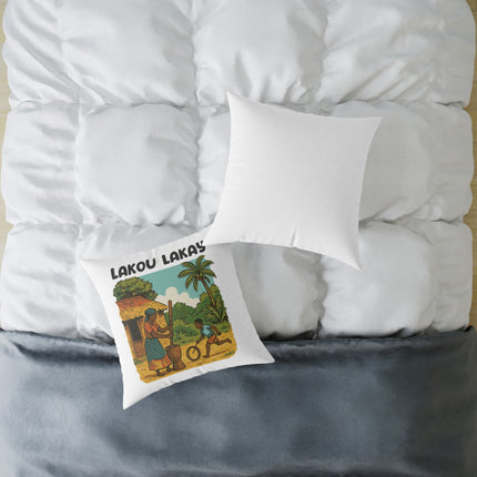 Lakou Lakay Illustrated Luxury Pillow Haitian Courtyard Memory Scene Creole Village Art - CreoleSizzle