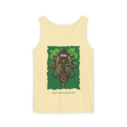 Haitian Paradise Tank Top Afro Haitian Mask Graphic Shirt Unisex Summer Beachwear Cultural Festival Outfit Ancestral Inspired Apparel