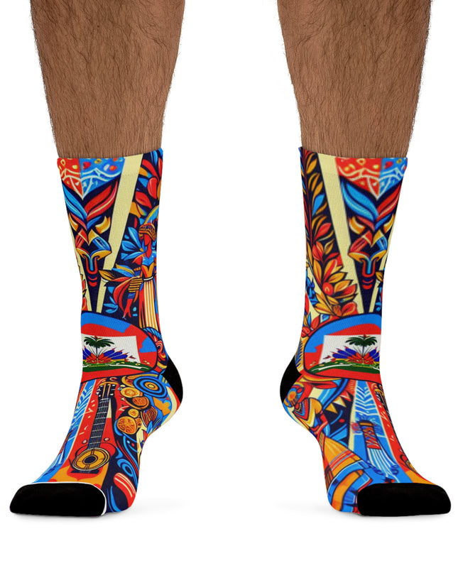 Haiti Flag Recycled Poly Socks - Vibrant Haitian Cultural Design - Eco-Friendly Crew Socks - CreoleSizzle